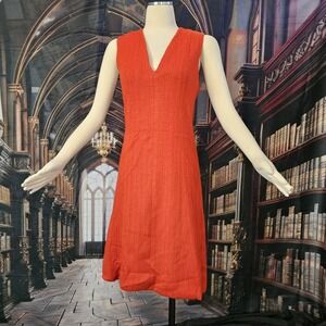 Vintage 1960's Knit Dress Shift Red Orange Sleeveless V-neckline Midi Length